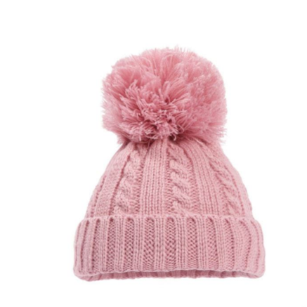 Dusty Pink Cable Pom Pom Hat NB-6 Months