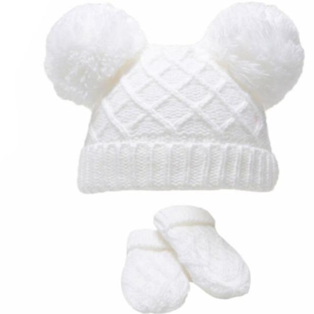 White Diamond Knitted Pom Pom Hat & Mittens